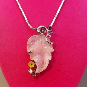 Large Rose Quartz Leaf w/ Semi-Precious Accents Necklace